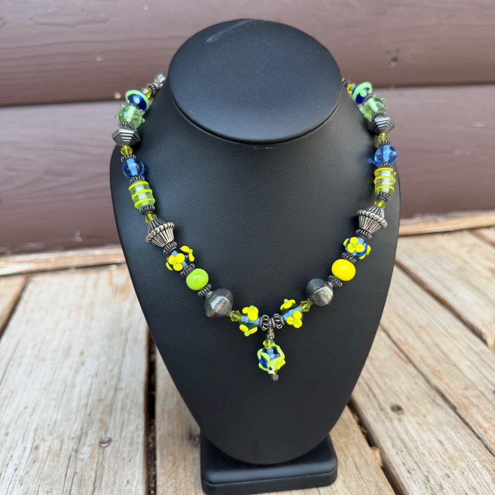 Vintage Handmade Lampwork Glass Frog Statement Necklace Quirky Cottagecore 18.5"